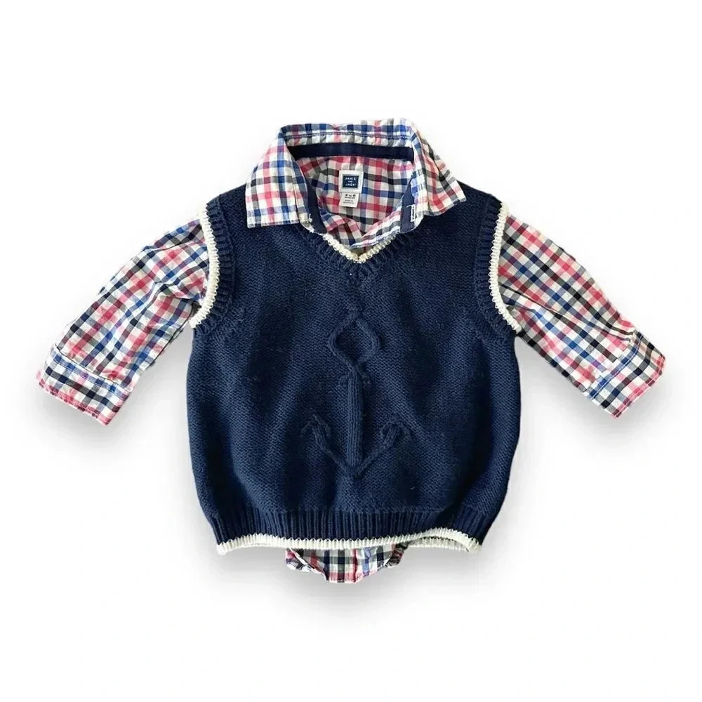 Janie and Jack Navy Sweater Vest with Red, Blue and White Plaid Shirt Set